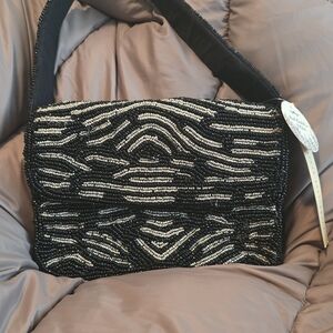 Black Beaded Shoulder Bag with Silver Accents